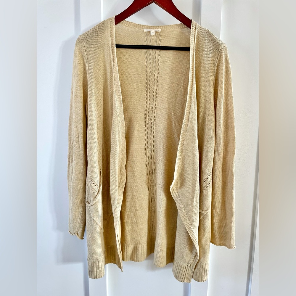 Eileen Fisher 100% Linen Knit Open Front drape Cardigan with Pockets size small